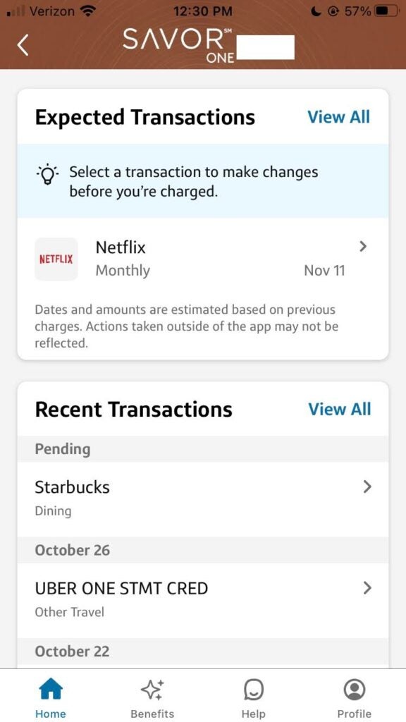 Screenshot showing the recent transaction screen