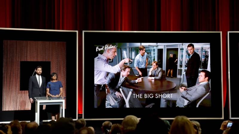 Actor John Krasinski and President of the Academy of Motion Picture Arts and Sciences Cheryl Boone Isaacs announce "The Big Short" as a nominee for Best Motion Picture of the Year during the 88th Oscars Nominations Announcement.