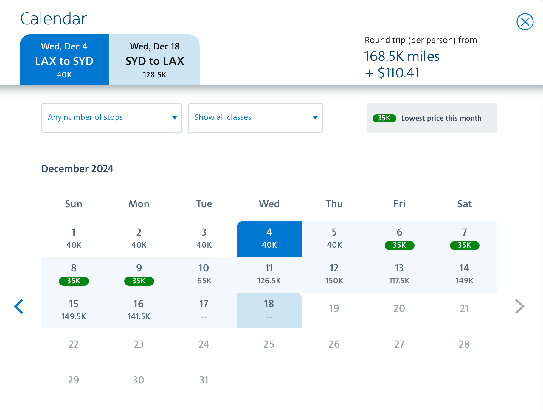 Example of award calendar with American Airlines