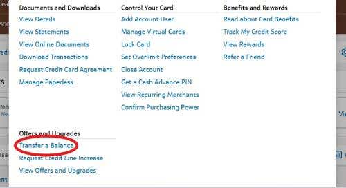 Capital One dashboard menu