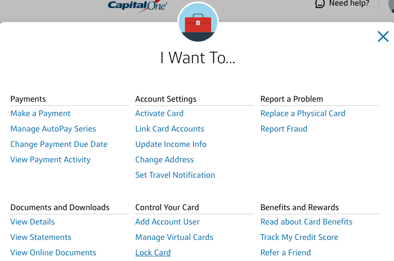 Screenshot of Capital One freeze card option